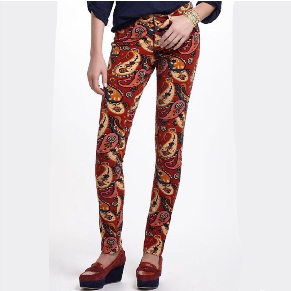 Anthropologie Red Paisley Skinny Pants